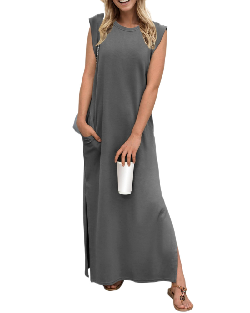 Erin Maxi Dress for Women Summer – Sleeveless Round Neck Slit & Pockets