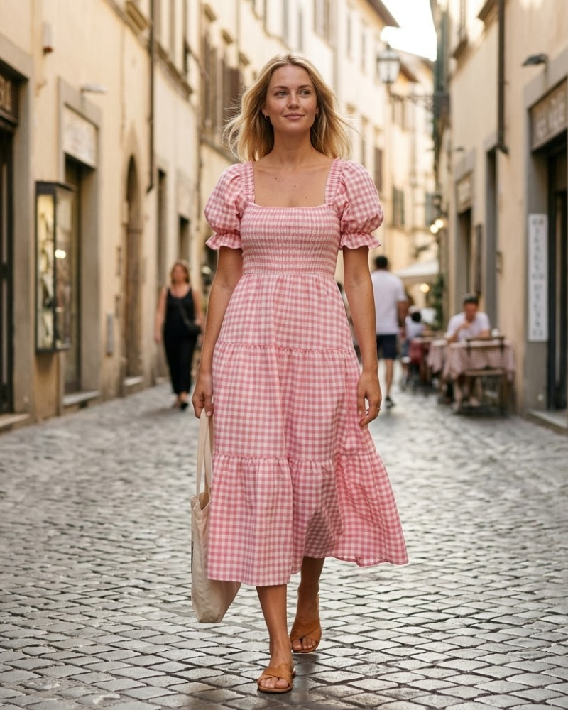 Sophie Bohemian Dress for Women – Elegant Summer Midi Dress with Square Neck and Puff Sleeves
