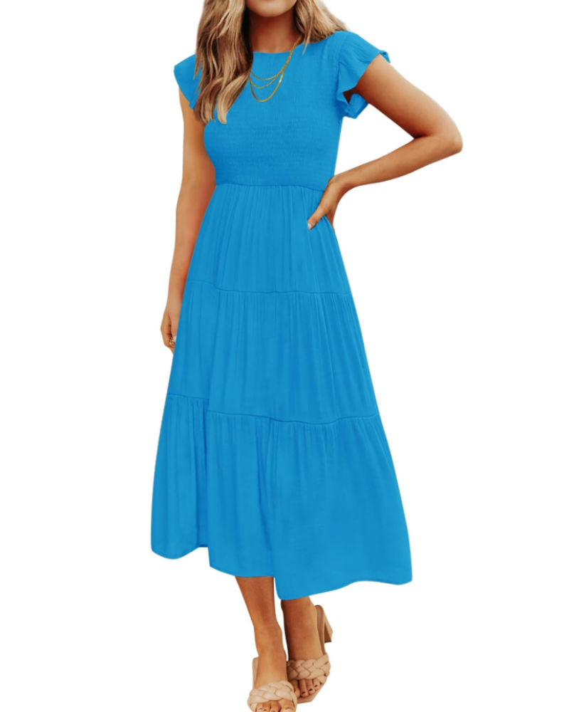 Gemma Midi Dress for Women – Smocked Waist with Ruffled Sleeves