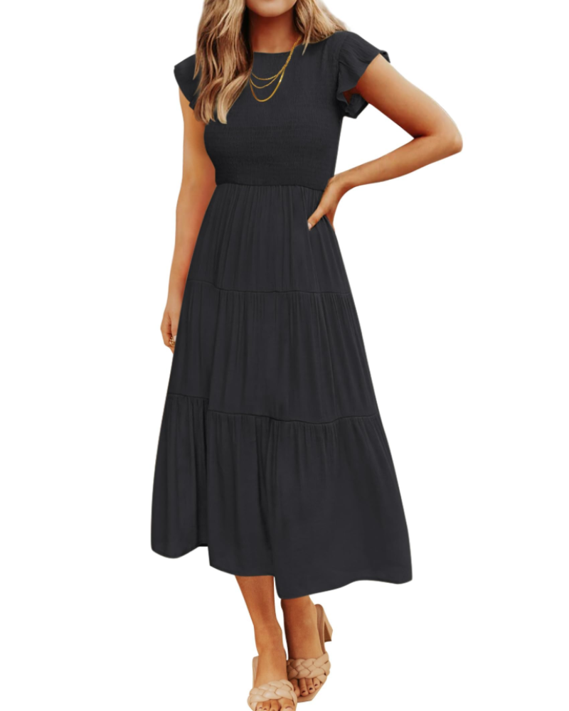 Gemma Midi Dress for Women – Smocked Waist with Ruffled Sleeves