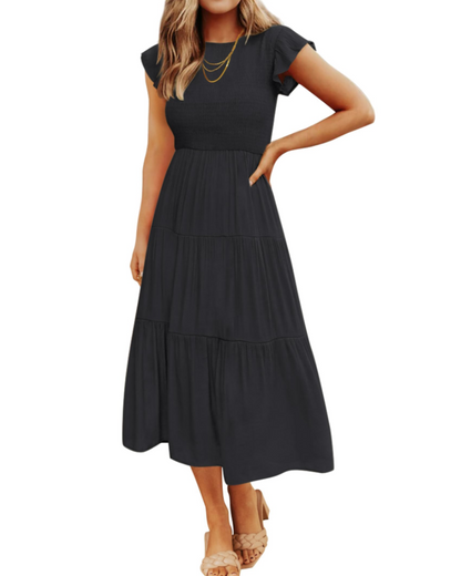 Gemma Midi Dress for Women – Smocked Waist with Ruffled Sleeves