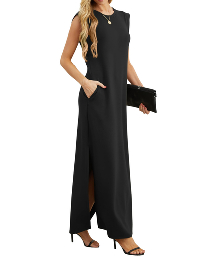 Erin Maxi Dress for Women Summer – Sleeveless Round Neck Slit & Pockets