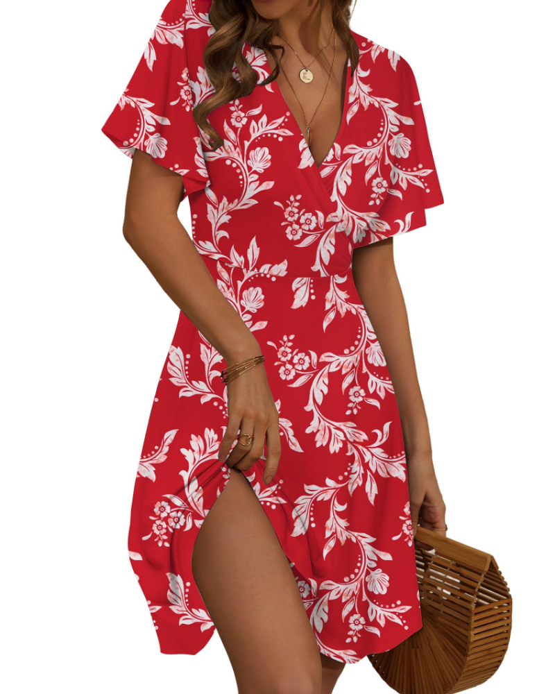 Faith Midi Dress for Women - Summer – Wrap Effect V-Neck with Ruffled Sleeves