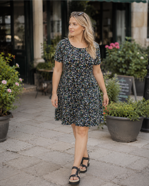 Girlie Women's A-Line Dress – Round Neck, Short Puff Sleeves, Flowing Cut