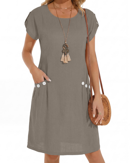 Joyce Linen Midi Dress for Women – A-Line Casual Summer Dress with Pockets