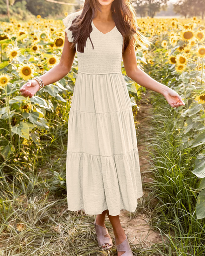 Skye Midi Dress for Women – V-Neck Smocked with Ruffled Sleeves & Pockets