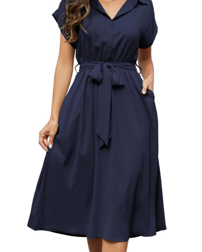 Cassidy Women's Dress – Midi A-Line V-Neck Short Sleeves & Pockets Summer Dress