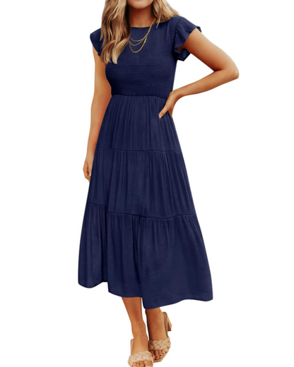 Gemma Midi Dress for Women – Smocked Waist with Ruffled Sleeves