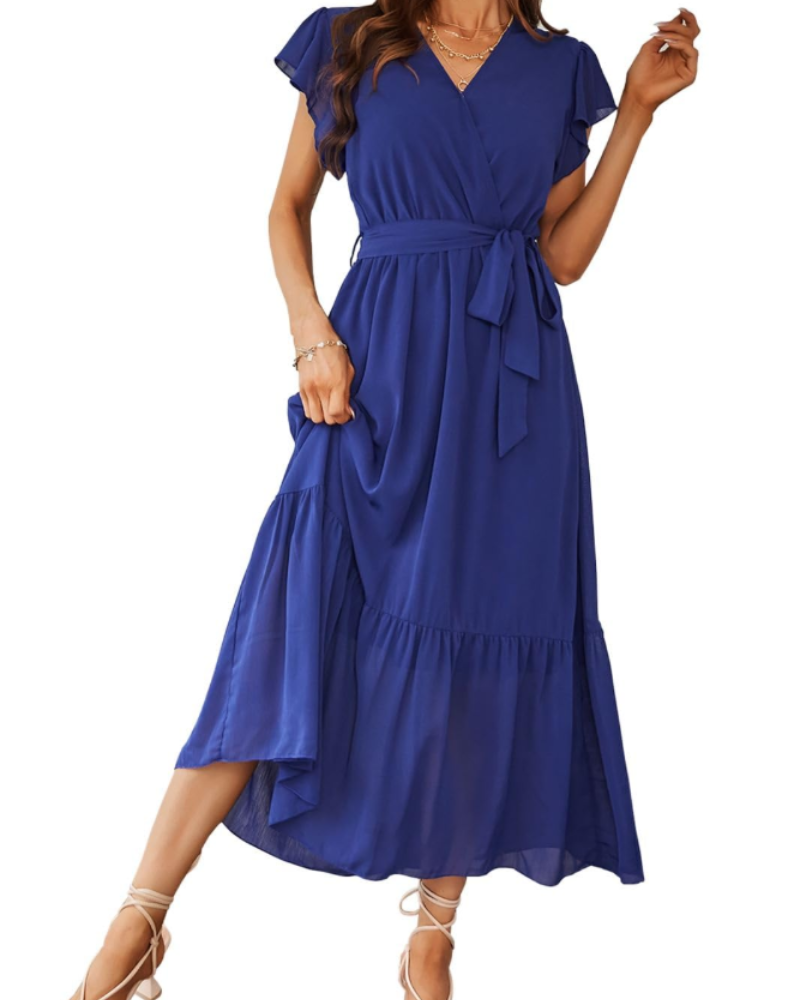 Anita Maxi Dress for Women – Bohemian Floral Dress with V-Neck, Ruffles, and Belt for Summer