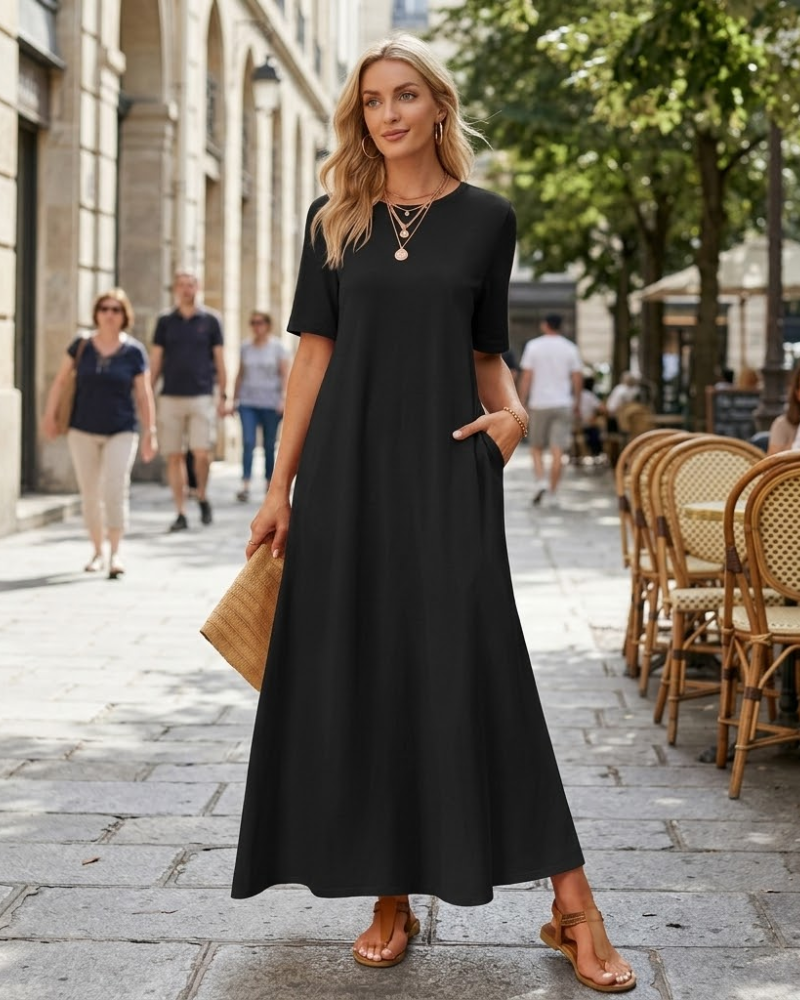 Julie Maxi Dress for Women – Casual Elegant Long Short Sleeve Dress with Pockets