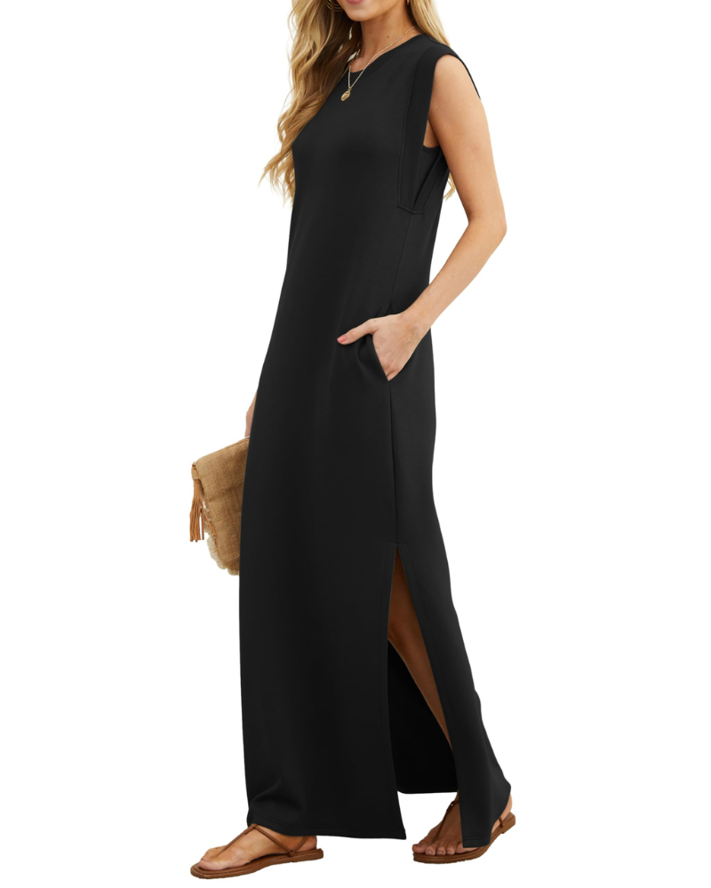 Erin Maxi Dress for Women Summer – Sleeveless Round Neck Slit & Pockets