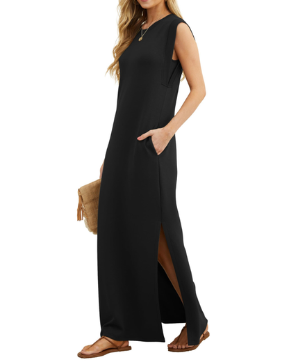 Erin Maxi Dress for Women Summer – Sleeveless Round Neck Slit & Pockets