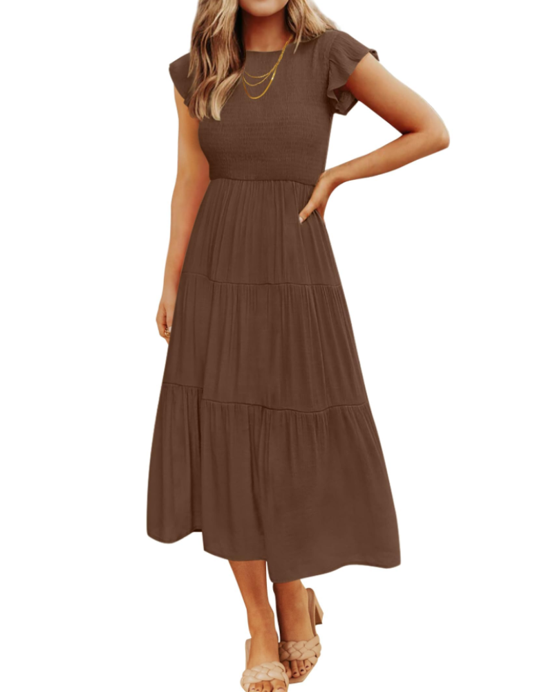 Gemma Midi Dress for Women – Smocked Waist with Ruffled Sleeves