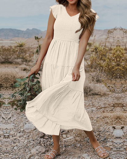 Skye Midi Dress for Women – V-Neck Smocked with Ruffled Sleeves & Pockets