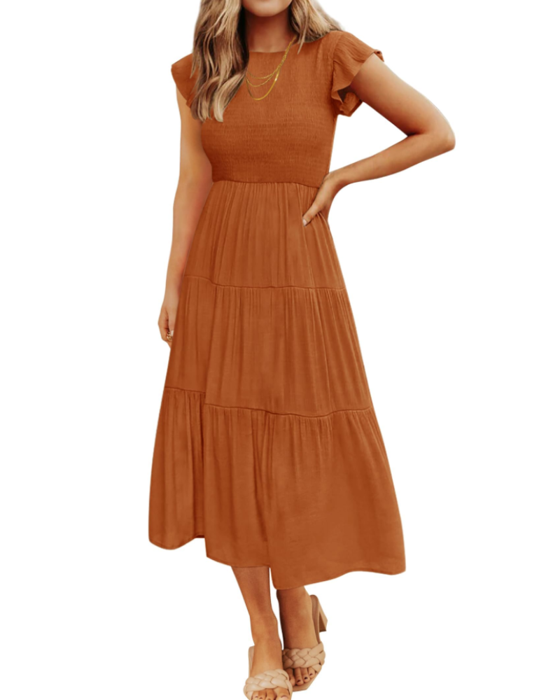 Gemma Midi Dress for Women – Smocked Waist with Ruffled Sleeves