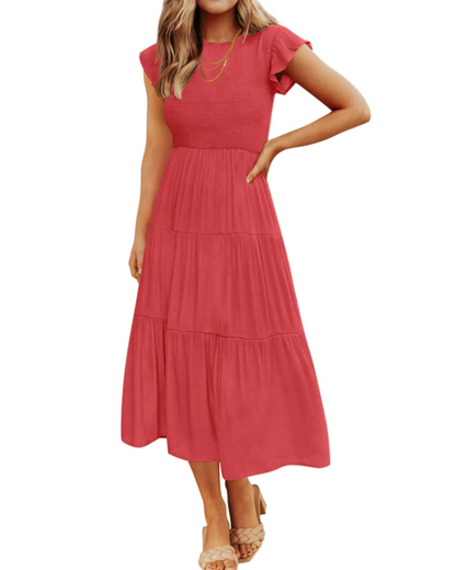 Gemma Midi Dress for Women – Smocked Waist with Ruffled Sleeves