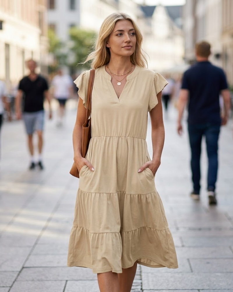 Mila Midi Dress for Women – Sleeveless V-Neck Ruffled Dress with Pockets for Summer