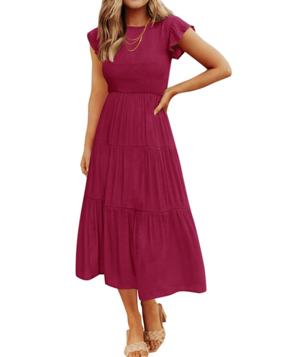 Gemma Midi Dress for Women – Smocked Waist with Ruffled Sleeves