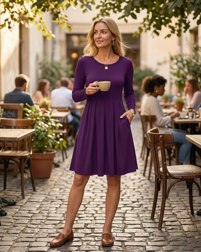 Sophie Women's Dress – Long Sleeve Empire Waist Dress with Pockets Casual Chic