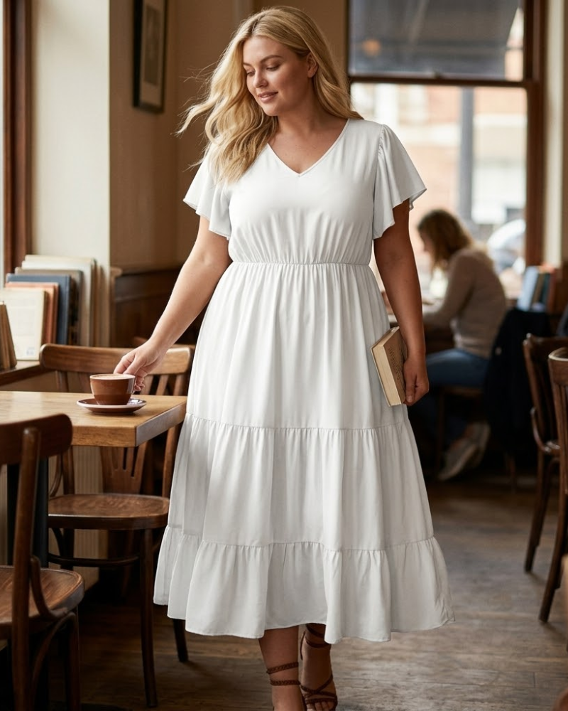 Manon Women's Dress – Bohemian V-Neck Short Sleeve A-Line Fluid Summer Plus Size