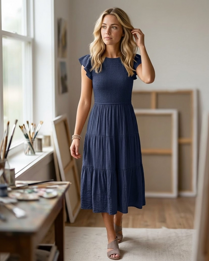 Louise Midi Dress for Women – Summer Smocked Dress with Ruffled Sleeves, Elegant A-Line Cut
