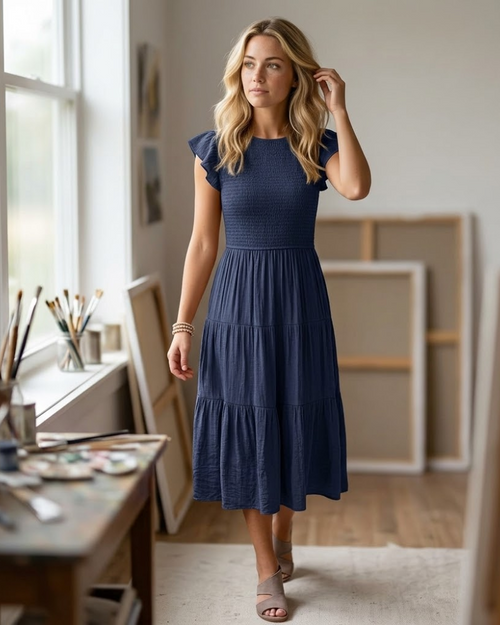 Louise Midi Dress for Women – Summer Smocked Dress with Ruffled Sleeves, Elegant A-Line Cut