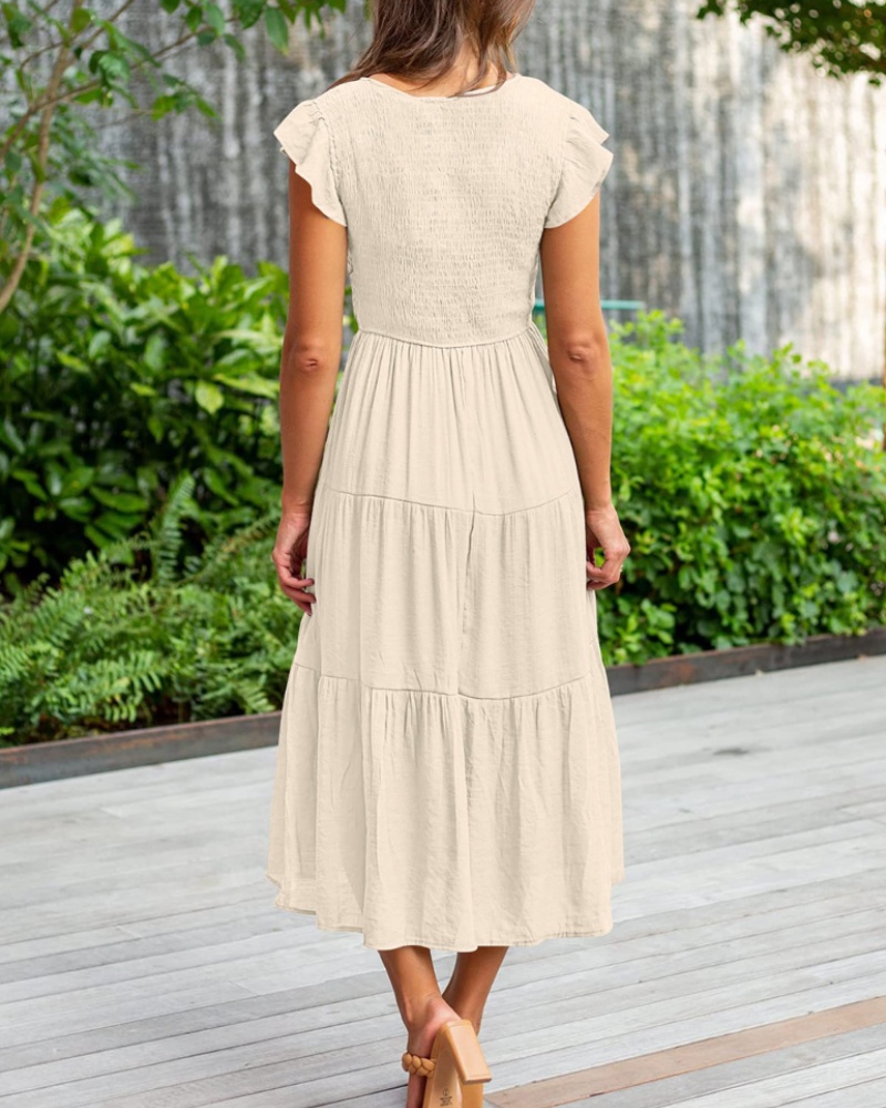 Skye Midi Dress for Women – V-Neck Smocked with Ruffled Sleeves & Pockets