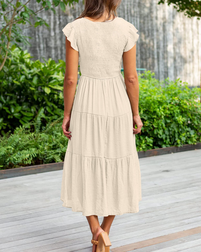 Skye Midi Dress for Women – V-Neck Smocked with Ruffled Sleeves & Pockets