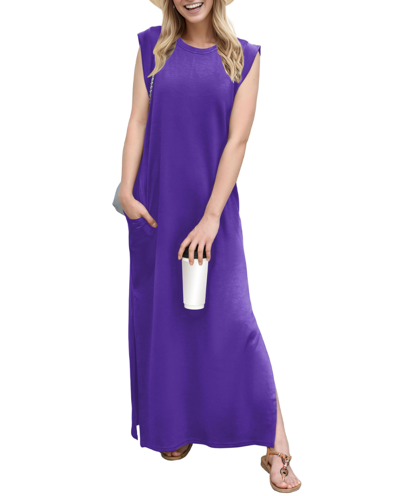 Erin Maxi Dress for Women Summer – Sleeveless Round Neck Slit & Pockets