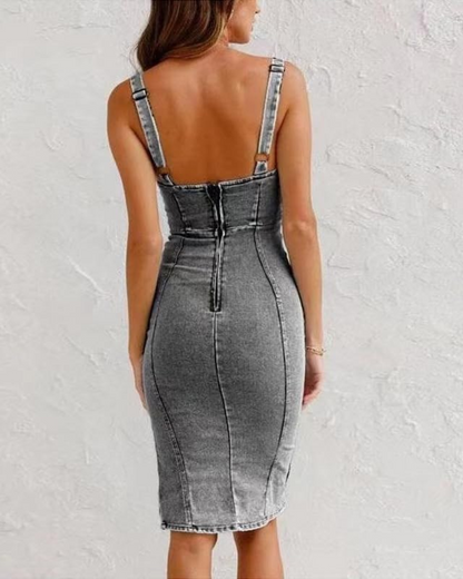 Maisie Women's Denim Midi Bodycon Dress – Adjustable Straps & Side Slit