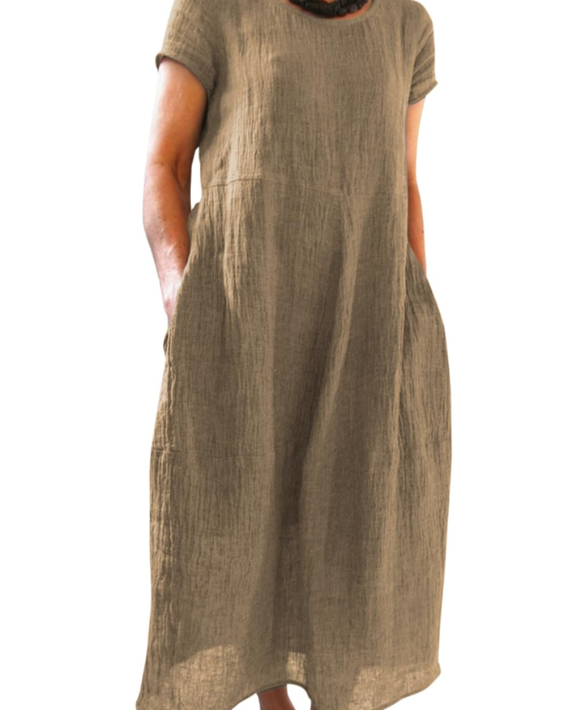 Risa Maxi Dress for Women – Bohemian Dress with Round Neck, Short Sleeves & Pockets