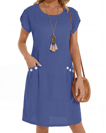Joyce Linen Midi Dress for Women – A-Line Casual Summer Dress with Pockets
