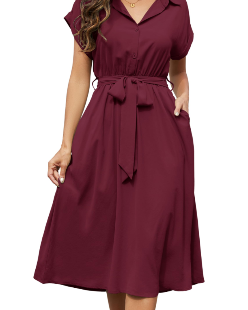 Cassidy Women's Dress – Midi A-Line V-Neck Short Sleeves & Pockets Summer Dress
