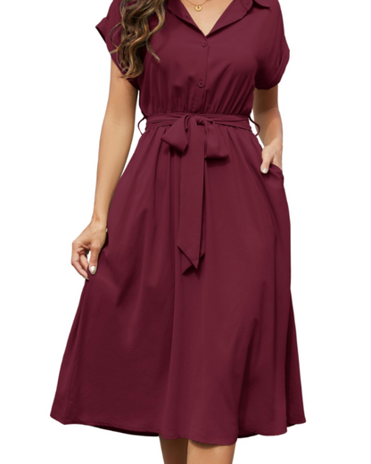 Cassidy Women's Dress – Midi A-Line V-Neck Short Sleeves & Pockets Summer Dress