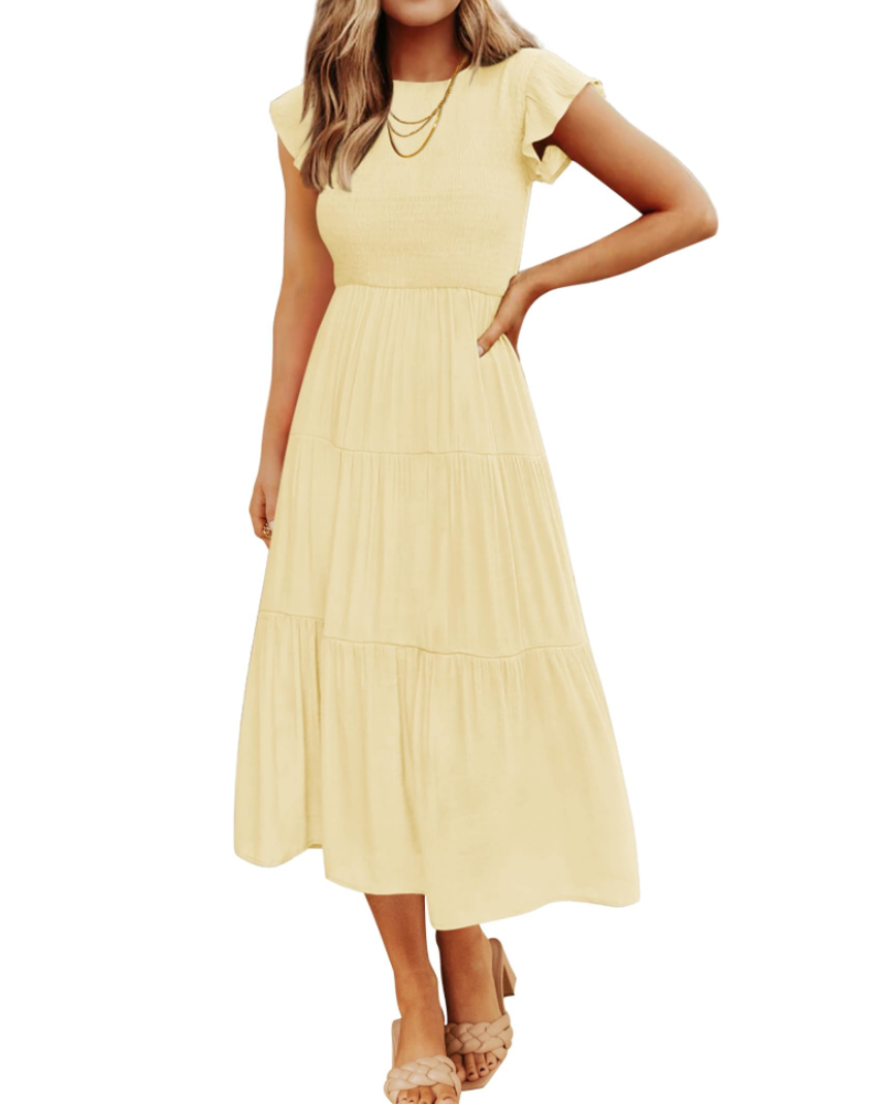 Gemma Midi Dress for Women – Smocked Waist with Ruffled Sleeves