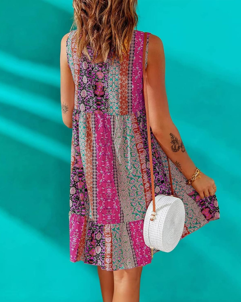 Luna Women's Mini Floral Dress – V-Neck, Sleeveless, A-Line Bohemian Summer
