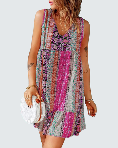 Luna Women's Mini Floral Dress – V-Neck, Sleeveless, A-Line Bohemian Summer