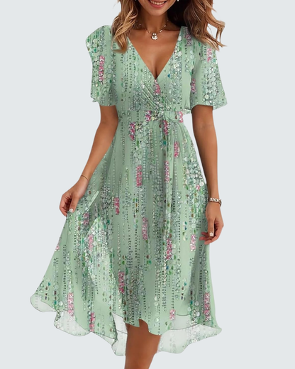 Cristina Midi Dress for Women – V-Neck Wrap, Belted Waist, Chiffon