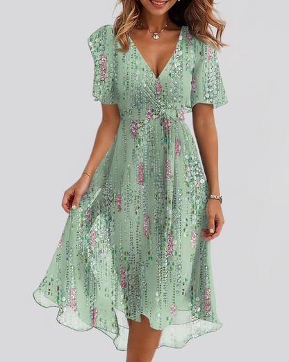 Cristina Midi Dress for Women – V-Neck Wrap, Belted Waist, Chiffon