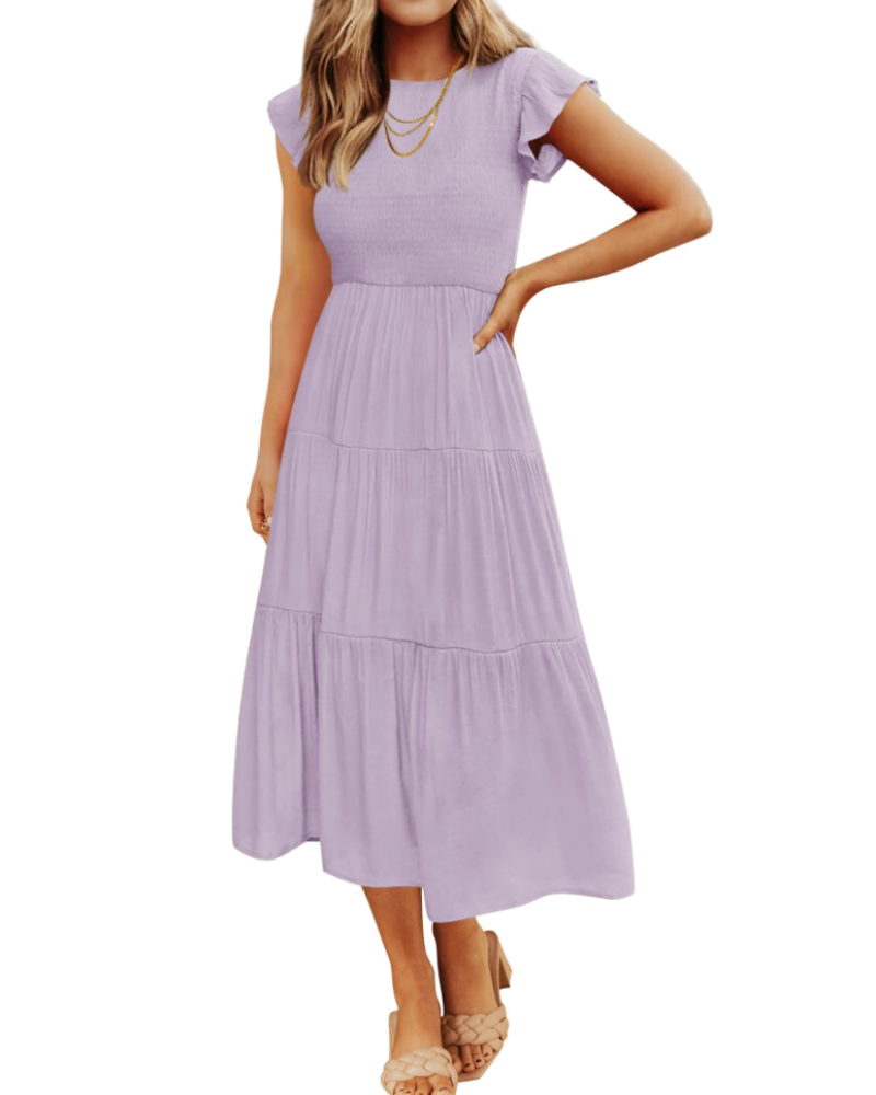 Gemma Midi Dress for Women – Smocked Waist with Ruffled Sleeves