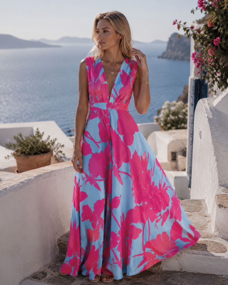 Juanna Printed Dress for Women – V-Neck, Sleeveless, High Waist, Fluid Cut