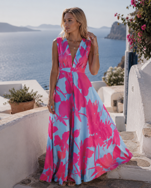 Juanna Printed Dress for Women – V-Neck, Sleeveless, High Waist, Fluid Cut