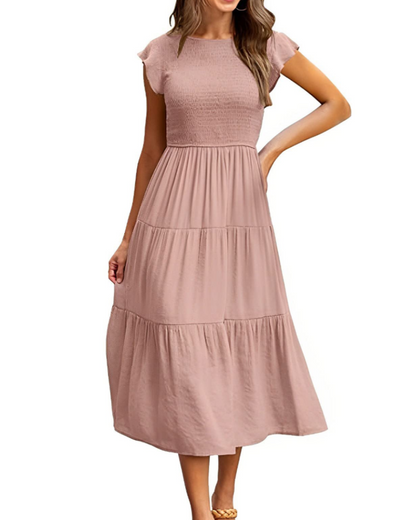 Plinky Women's Dress – Summer Ruffle Elastic Waist A-Line Midi Dress