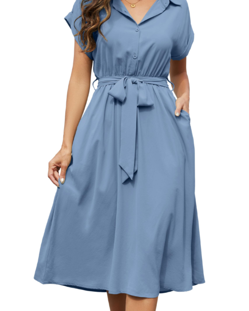 Cassidy Women's Dress – Midi A-Line V-Neck Short Sleeves & Pockets Summer Dress