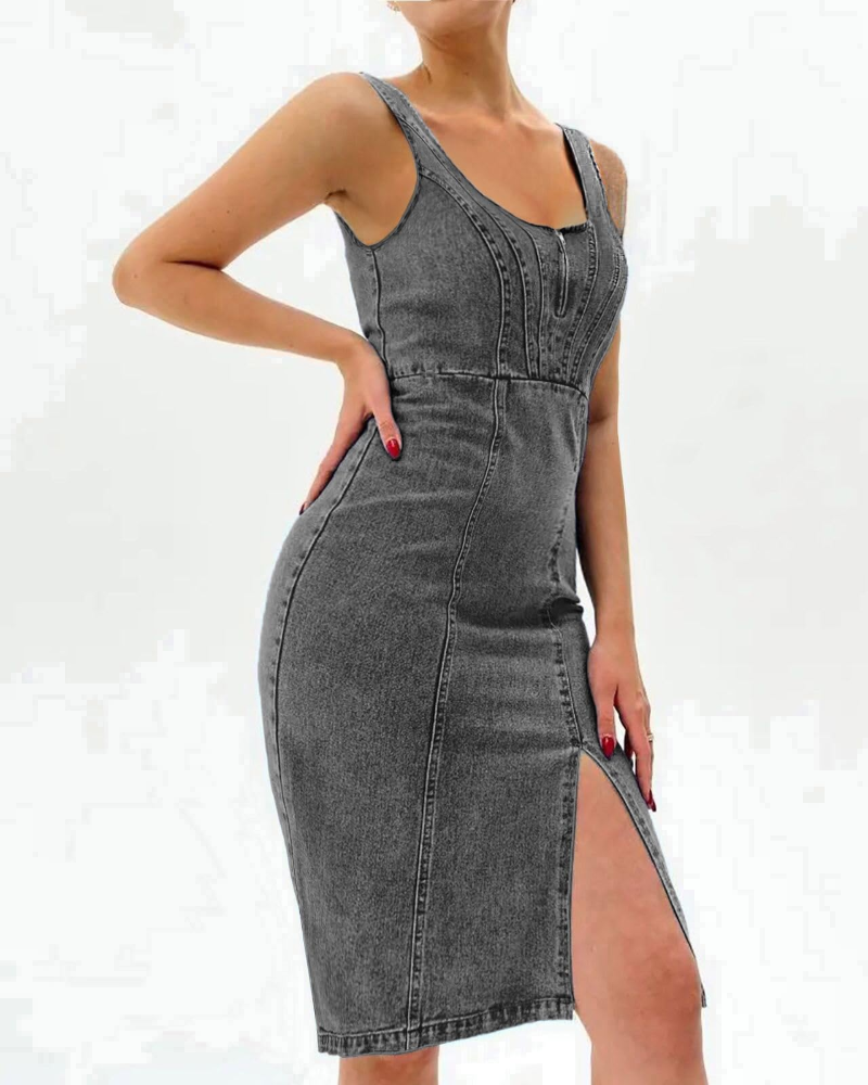 Maisie Women's Denim Midi Bodycon Dress – Adjustable Straps & Side Slit