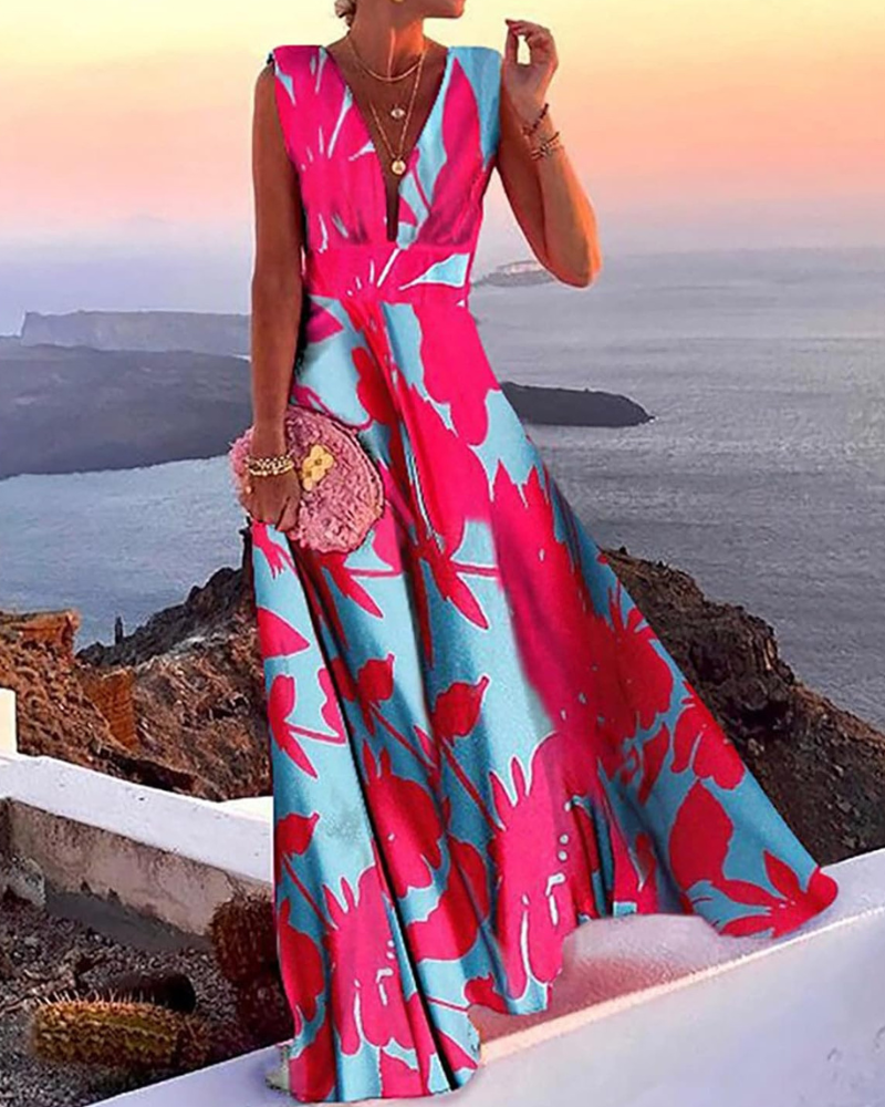 Juanna Printed Dress for Women – V-Neck, Sleeveless, High Waist, Fluid Cut