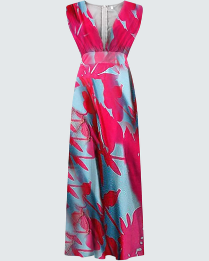 Juanna Printed Dress for Women – V-Neck, Sleeveless, High Waist, Fluid Cut