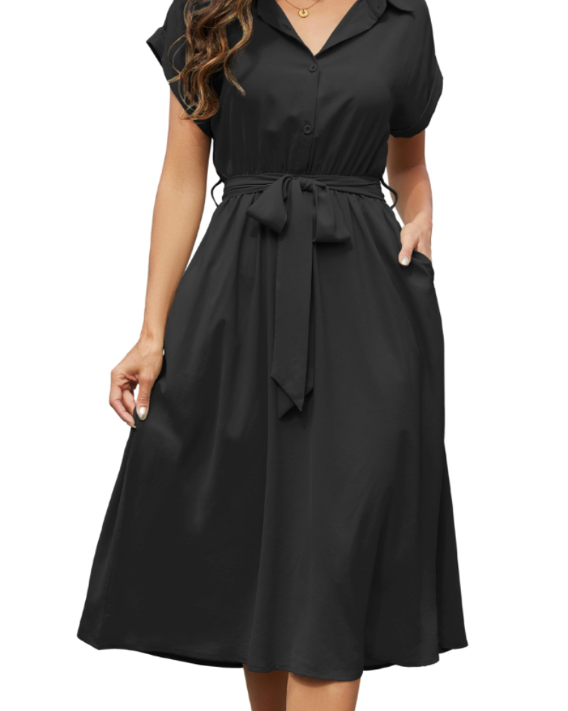 Cassidy Women's Dress – Midi A-Line V-Neck Short Sleeves & Pockets Summer Dress