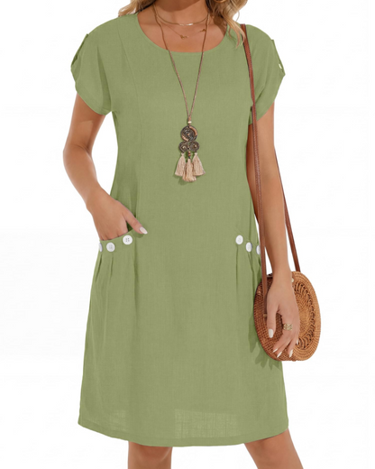 Joyce Linen Midi Dress for Women – A-Line Casual Summer Dress with Pockets