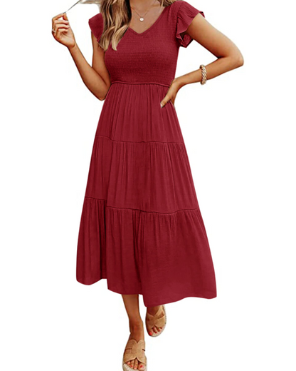 Skye Midi Dress for Women – V-Neck Smocked with Ruffled Sleeves & Pockets